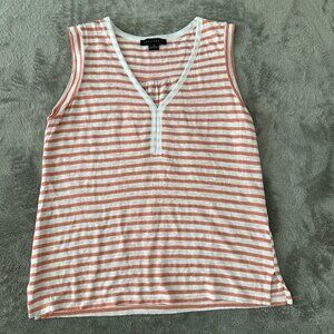 Striped Sleeveless V-Neck Tank Top - Coral & White